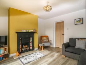 a living room with a couch and a fireplace at Platform 13 Railway Cottage in Llandudno Junction
