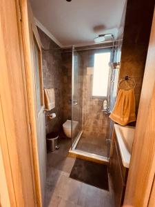ein Bad mit einer Dusche, einem Waschbecken und einem WC in der Unterkunft ALTAVILLAS Apartment 8 Executive ATHENA in Kakí Vígla