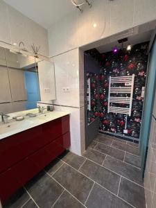 uma casa de banho com um chuveiro e uma parede de Natal em Rez-de-chaussée de plain-pied avec parking privé au centre ville em Dieppe