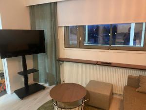 uma sala de estar com uma televisão de ecrã plano e uma mesa em Pitkäkuusen rahkis em Lahti