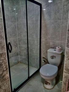 uma casa de banho com um WC e uma cabina de duche em vidro. em Free House, elegant, fully equipped with sought after location in the city em Van