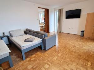 Un televizor și/sau centru de divertisment la Seaview Apartments Manzoni