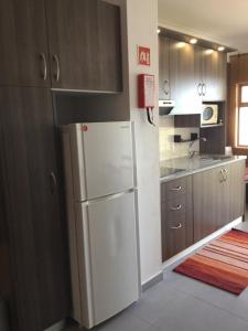 a kitchen with a white refrigerator and wooden cabinets at Apartamento Cruzeiro Praia da Rocha in Portimão