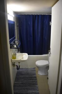a bathroom with a sink and a toilet and a blue shower curtain at Anemos Holiday Houses - Unterkunft in Südkreta in Keratokampos
