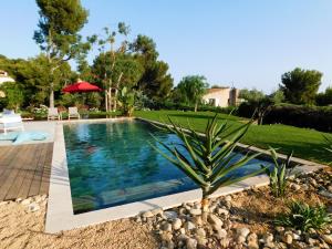 a swimming pool in a yard with a palm tree at Villa d'exception piscine privée et vue mer in Saint-Cyr-sur-Mer +35 photos