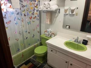 a bathroom with a green toilet and a sink at Riversong in Sevierville +13 photos