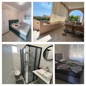 eine Collage mit vier Bildern eines Schlafzimmers und eines Badezimmers in der Unterkunft Kabashi Apartment in Krk