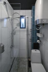 uma casa de banho com um WC e uma cabina de duche em vidro. em Mostek 32 Silent Apartment em Gdansk