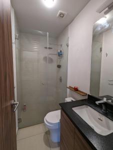 W łazience znajduje się prysznic, toaleta i umywalka. w obiekcie Departamento Brittania Tower w mieście Guadalajara