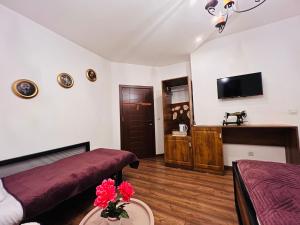 a living room with a couch and a tv at Hotel Fjorr in Prizren