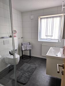 a bathroom with a sink and a toilet and a window at MY HOME N 35/6 in Villingen-Schwenningen