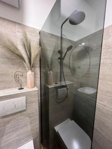 y baño con ducha, aseo y lavamanos. en Bonvenon2Volme Apt&Room, en Pula
