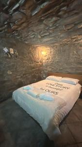 1 dormitorio con 1 cama en una pared de piedra en La Grotta di Leonardo a Vinci, en Quarrata