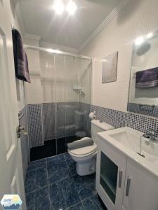 La salle de bains est pourvue de toilettes, d'une douche et d'un lavabo. dans l'établissement Sunny Álamos Beach, à Torremolinos
