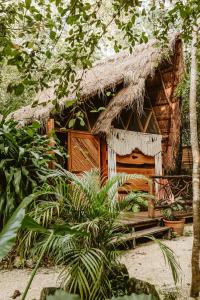 een hut met een rieten dak in een bos bij Madre Tierra Eco Habitat in Puerto Morelos
