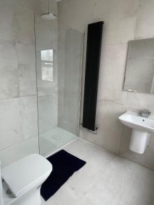 a bathroom with a shower and a toilet and a sink at Rock Lane Rooms in Birkenhead