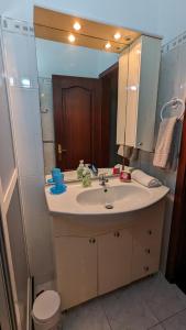a bathroom with a sink and a large mirror at Levada Nova House in Ribeira Brava