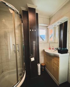 a bathroom with a shower and a sink and a tub at R&S Apartment in Graz