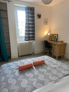 a room with a rug on the floor with a desk at Verger - Parking gratuit - Calme in Chambéry