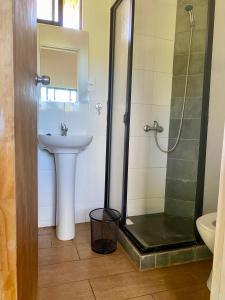 a bathroom with a sink and a shower at Cabañas Kaituoe in Hanga Roa