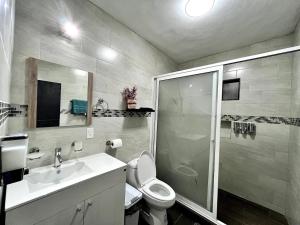 La salle de bains est pourvue d'une douche, de toilettes et d'un lavabo. dans l'établissement Cuarto A cerca de hospital general, à Ciudad Victoria