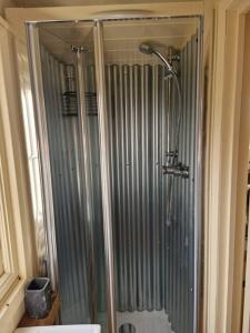 a glass shower in a bathroom with a toilet at Shepherds haven hut Near Padstow in Saint Issey