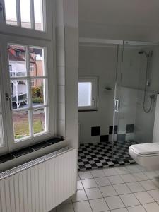 a bathroom with a shower and a toilet and a window at Ferienhaus ON90 in Wilhelmshaven