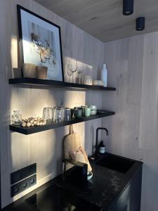 a kitchen with shelves on the wall above a sink at Spegle Hyllandsfoss in Åmot