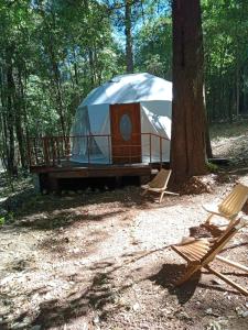 a yurt in the woods with two chairs and a tree at Glamping Don Delfis in Valle de Bravo