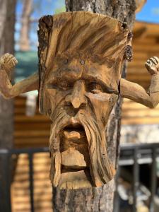 drewniana głowa na pniu drzewa w obiekcie Cabañas La Wereke w mieście Santiago