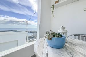 een tafel met een potplant bovenop een raam bij Casa Burgao n5 on the front line with seaview terrace in Punta de Mujeres