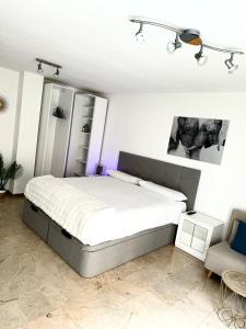 1 dormitorio con 1 cama grande y 1 silla en Alojamiento Bruckner, en Málaga