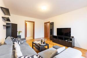 uma sala de estar com um sofá e uma televisão em Urban Haven: Blissful Living in Central Bratislava em Bratislava