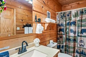 een badkamer met een wastafel en een toilet in een cabine bij Scenic Ridge in Gatlinburg