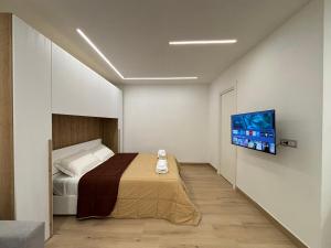 ein Schlafzimmer mit einem Bett und einem TV an der Wand in der Unterkunft Casa Milù in Castellammare di Stabia