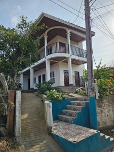 モヨガルパにあるHostal Mamá Derlysの青い壁と階段が正面にある家