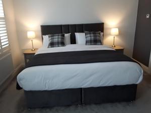 1 dormitorio con 1 cama grande y 2 lámparas en Pairc Na Coille Killarney, en Killarney