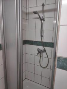 La salle de bains est pourvue d'une douche avec un pommeau de douche. dans l'établissement Große 130 m2 gemütliche Wohnung im Herzen Tribergs, à Triberg