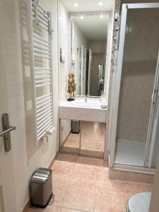a bathroom with a sink and a shower with a mirror at Le carre des Musiciens CENTRE CANNES MER in Cannes