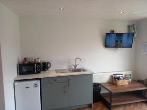 a kitchen with a sink and a refrigerator and a table at OAKWOOD GLAMPING Mourne Mountains in Moyad