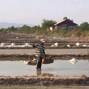 Un hombre camina a través de un campo lodoso con dos cestas. en La plage by lee & hap guest house en Kampot