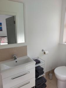 a bathroom with a white sink and a mirror at Mountain Aven Guest House in Doolin