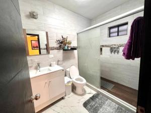 La salle de bains est pourvue de toilettes, d'un lavabo et d'une douche. dans l'établissement Cuarto B con cochera interior cerca de H. General, à Ciudad Victoria