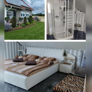 two pictures of a bedroom with a bed and a shower at ruhiger als im Hotel in Merkendorf