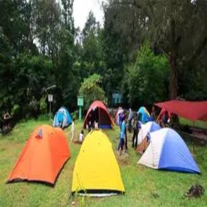 a group of people setting up tents in a field at Genius Level Only Camp in Bukittinggi