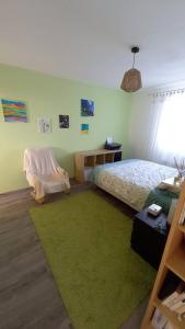 um quarto com uma cama e um tapete verde em Maison de 3 chambres avec terrasse et wifi a Greoux les Bains em Gréoux-les-Bains