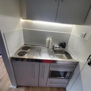 una piccola cucina con lavandino e piano cottura di London Oasis Studio Apartment a Londra