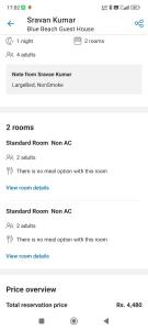 a screenshot of a cell phone showing the menu for a room at J Beach Stay Rooms in Visakhapatnam