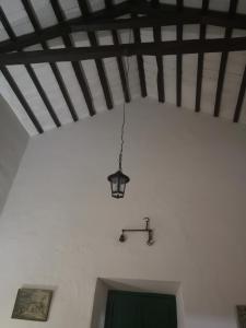 薩爾塔的住宿－Finca San Francisco y San Javier (ex Finca los tres changos)，挂在天花板上的一盏灯,有一道绿门
