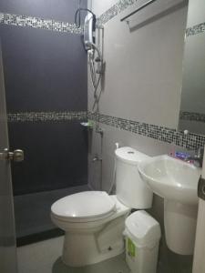 een badkamer met een toilet, een wastafel en een douche bij Le Vita Hotel in Santo Domingo